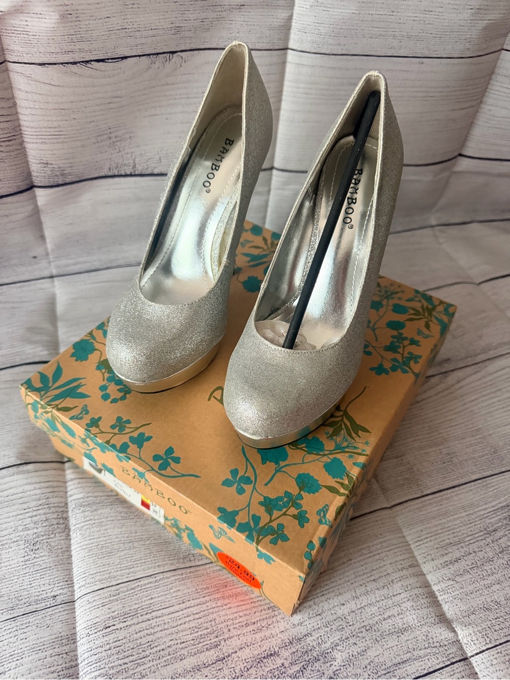 BAMBOO Women’s Glitter Silver Heels. Brand NEW still in box never worn. Size: 6